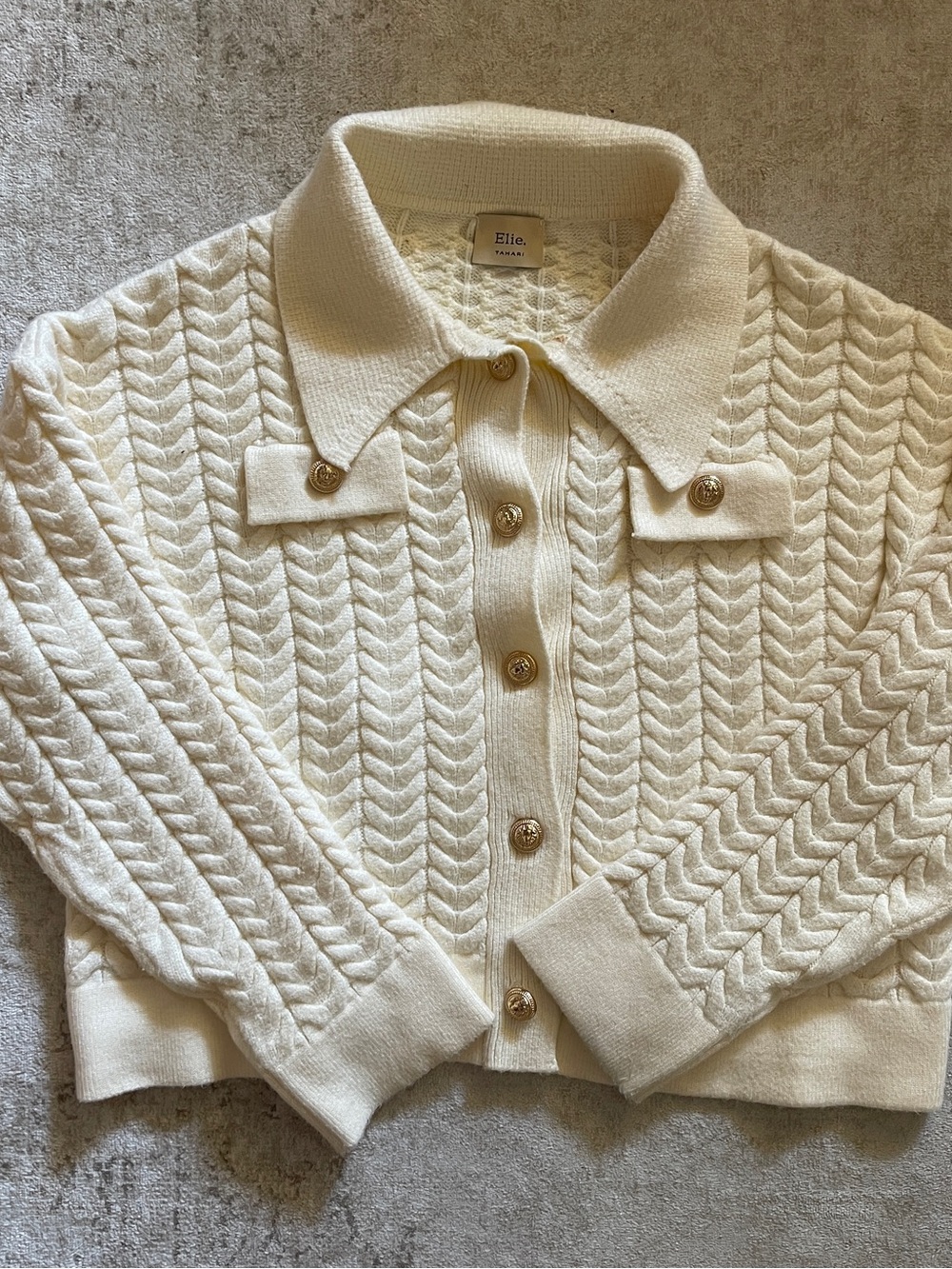 Tahari Cream Cable Knit Polo Cardigan with Gold Buttons Size L
